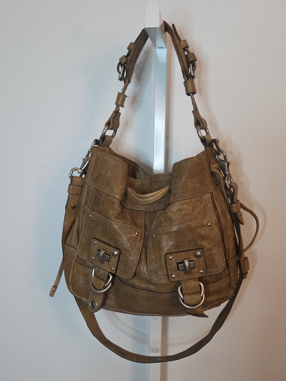 Vintage Y2K Juicy Couture Brown Distressed Leather Drawstring Hobo Bag